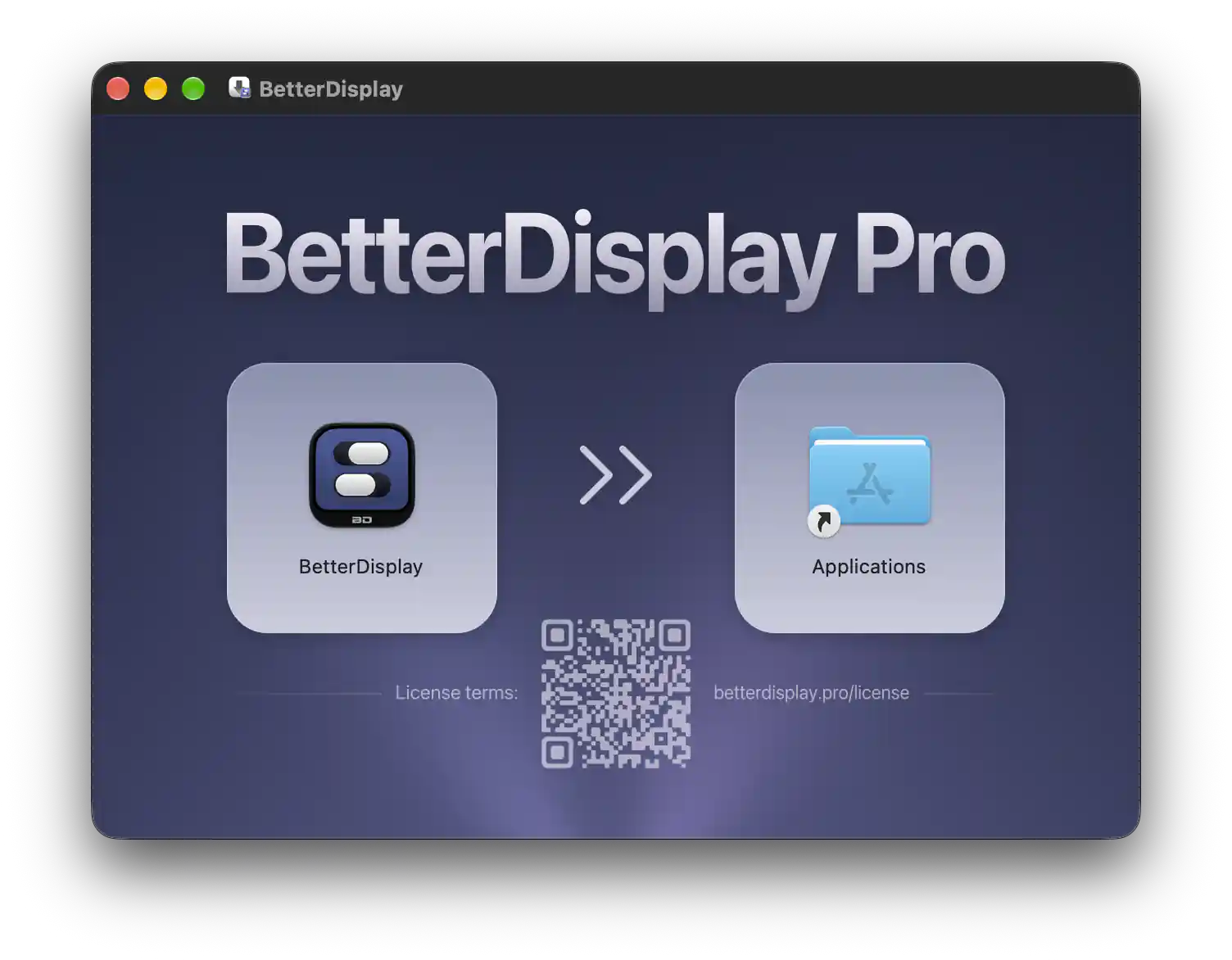 BetterDisplay installer with a BetterDisplay Pro heading, app and Applications icons, arrows, and a license-terms QR code