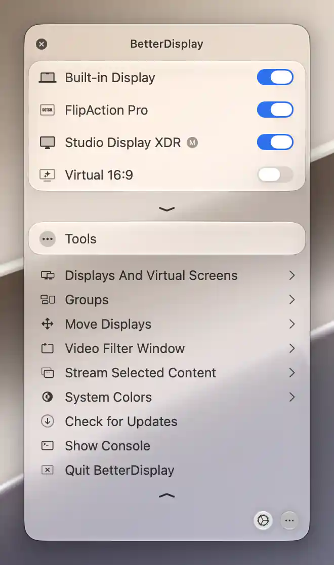 Detached BetterDisplay menu with title, close button and draggable background