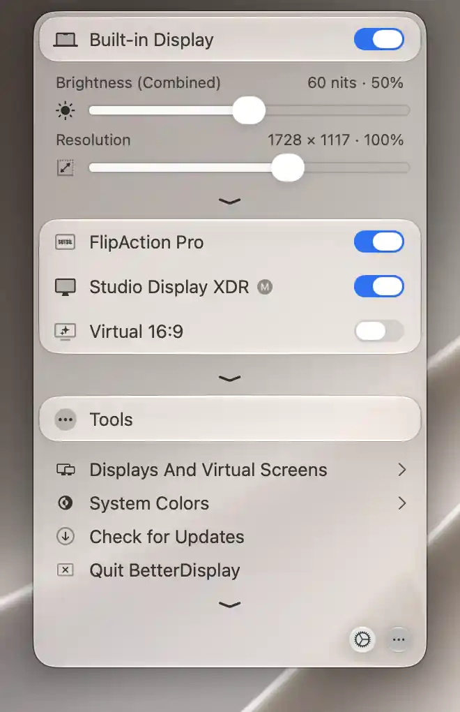 Attached App Menu with Built-in Display expanded, other displays collapsed, Tools and Settings