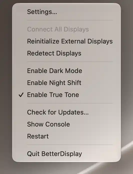 Quick menu with Connect All Displays disabled and current system appearance checkmarks