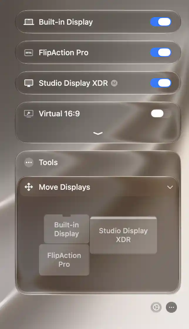 Sidebar App Menu at the screen edge with Move Displays expanded and bottom buttons visible