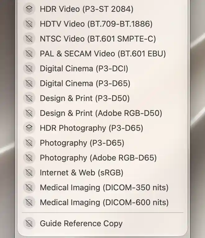 Factory reference presets followed by the separate Guide Reference Copy custom Apple display preset.