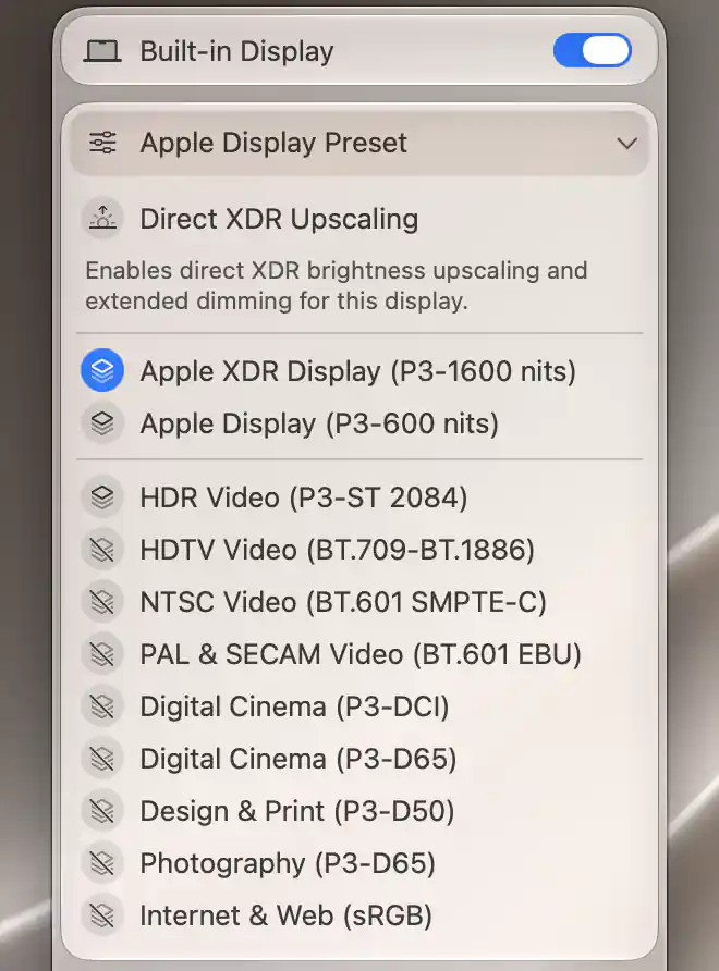 Built-in Display Apple presets with the current XDR preset, ordinary presets and reference presets