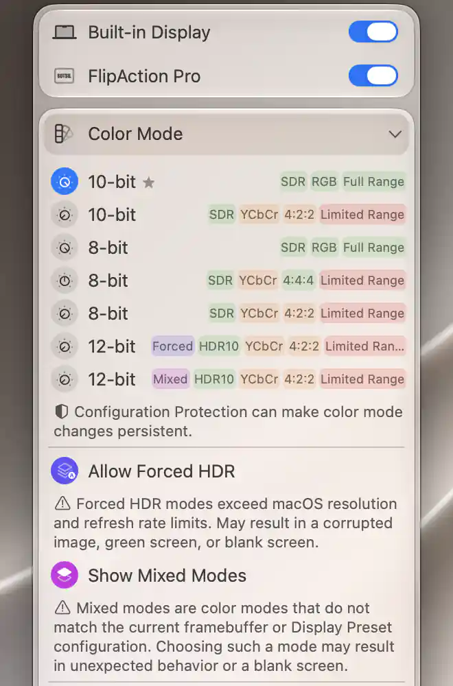 FlipAction Pro with Allow Forced HDR and Show Mixed Modes enabled, their compatibility warnings and unchanged selected SDR mode
