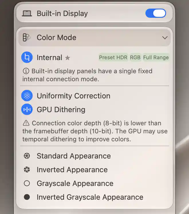Built-in Color Mode with Uniformity Correction, GPU Dithering, an 8-bit connection versus 10-bit framebuffer note and four Appearance actions