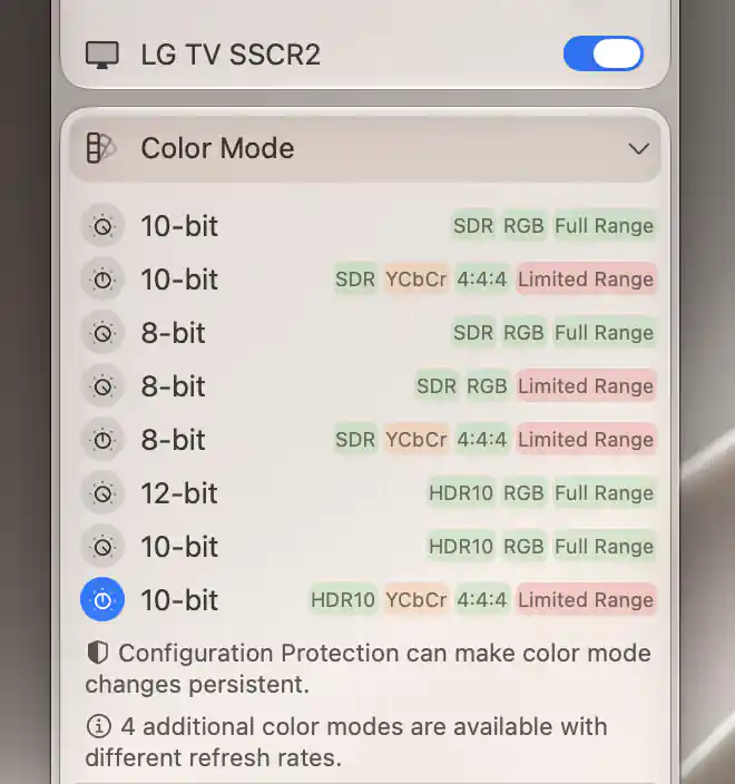LG TV Color Mode list with SDR and HDR10 formats and the active 10-bit HDR10 YCbCr format