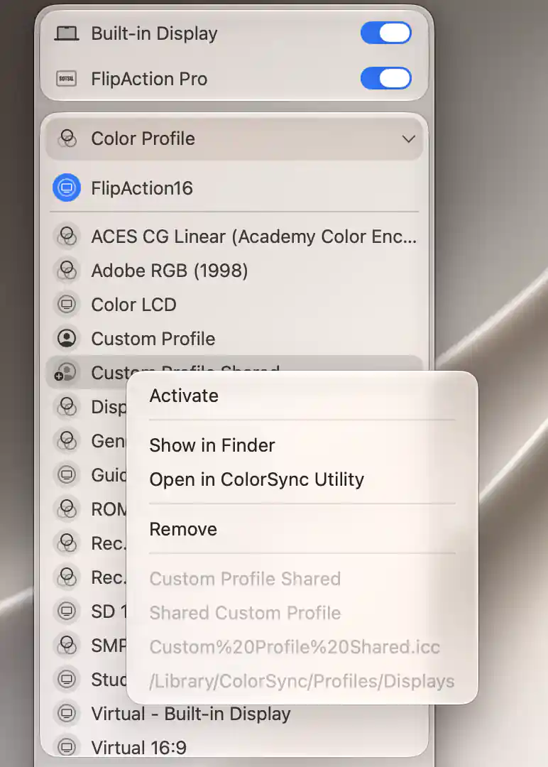 Color Profile list with FlipAction16 selected and a shared custom profile context menu showing actions and metadata