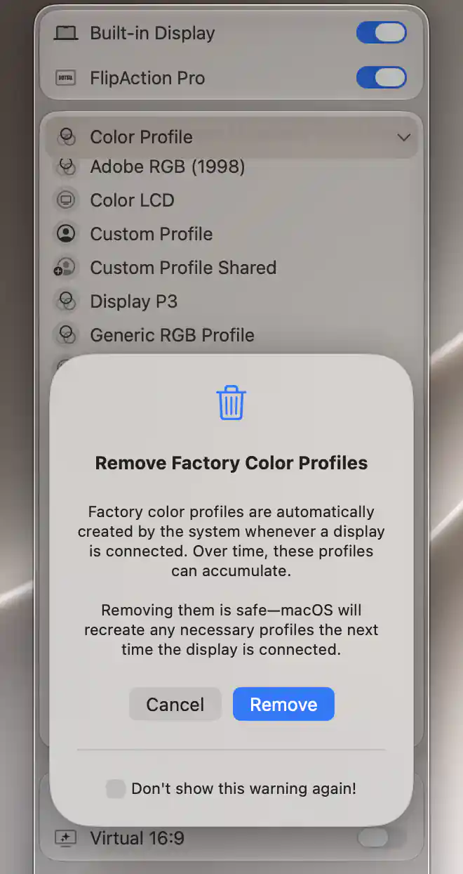 Remove Factory Color Profiles confirmation with explanation, Cancel, Remove and an unchecked warning-suppression option