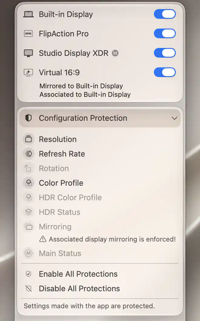 Configuration Protection for Virtual 16:9 with Mirroring disabled and an associated-display mirroring-enforced warning