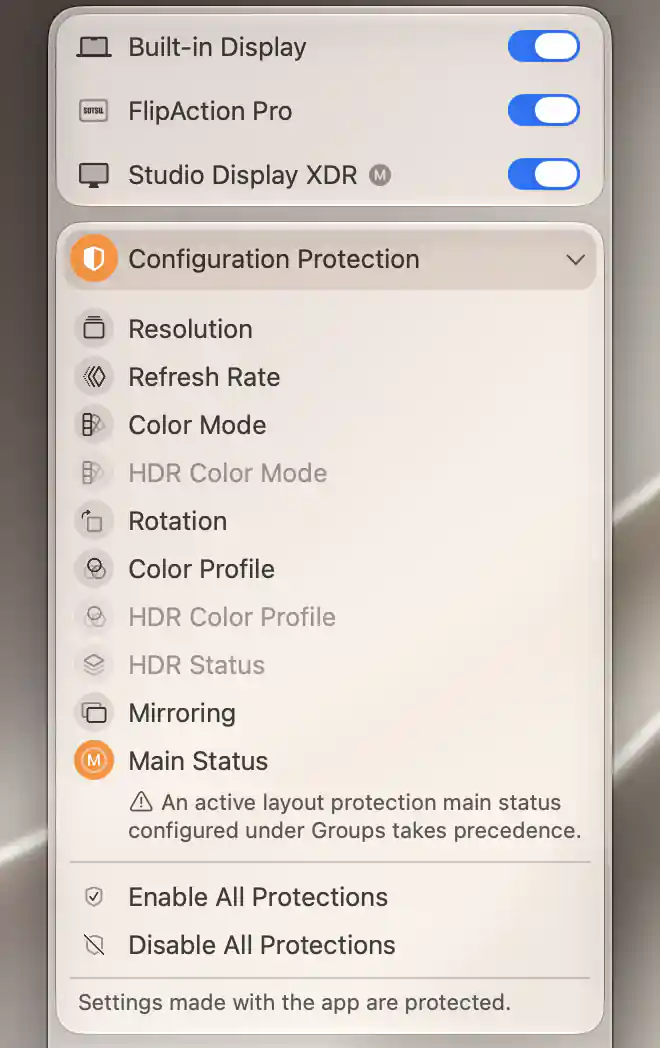 XDR Main Status protection with a warning that the active Groups layout rule takes precedence.