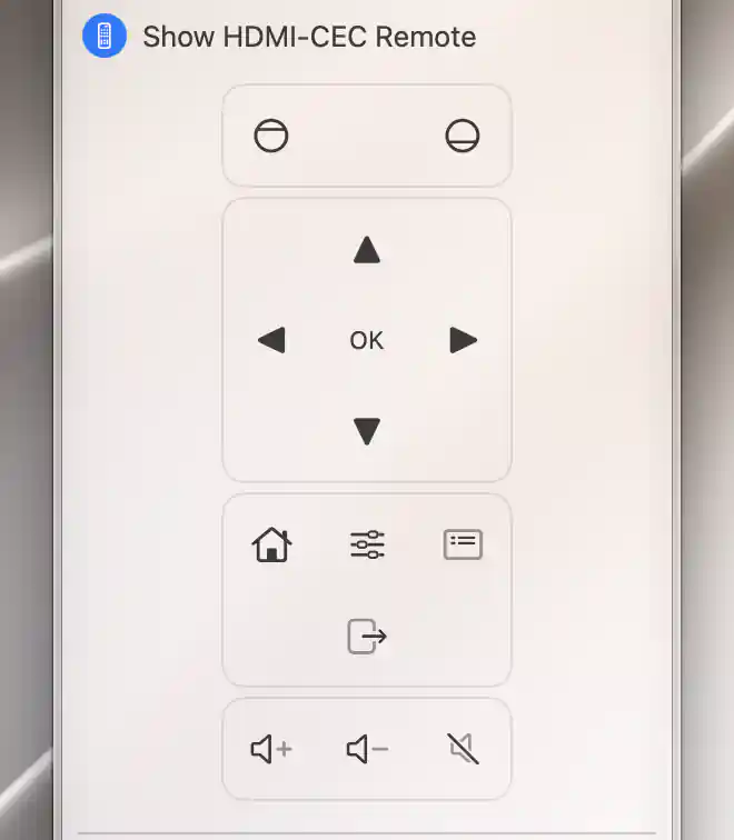 Configured HDMI-CEC remote with navigation, home, settings, exit and volume keys