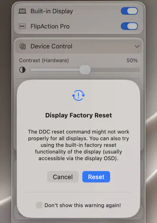 First Display Factory Reset confirmation for FlipAction Pro with Cancel, Reset and an unchecked warning-suppression option