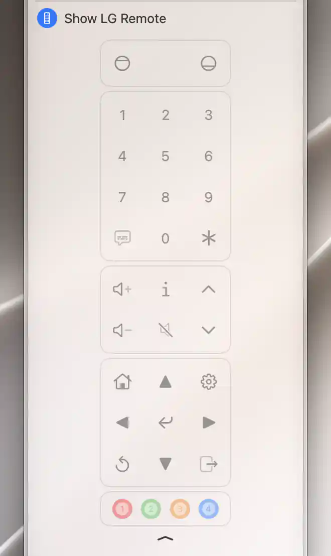 Expanded LG remote with numeric, navigation, volume and color-key groups, disabled while disconnected