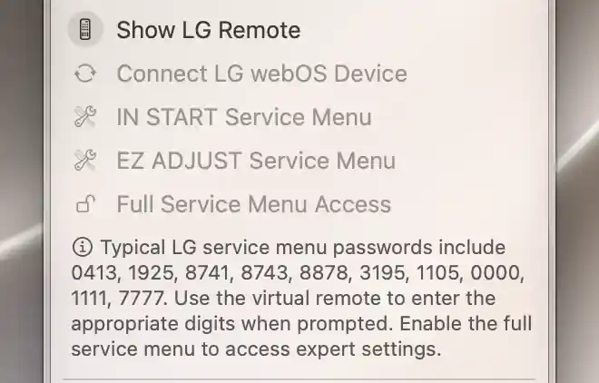 LG IN START, EZ ADJUST and Full Service Menu Access commands with explanatory note, disabled while disconnected