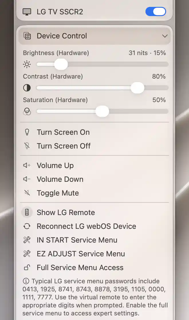 Option service-command rows and notes on a paired connected LG webOS device