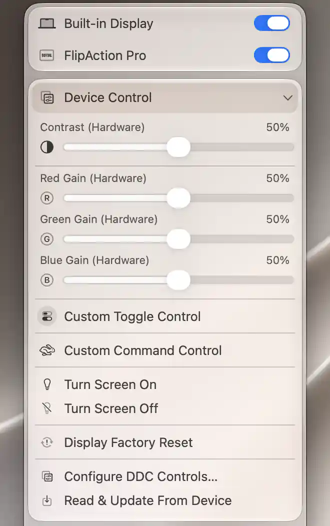 FlipAction Pro Device Control with configured Custom Toggle Control and Custom Command Control rows alongside supported hardware sliders