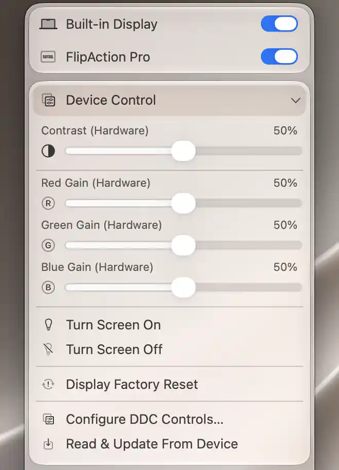 FlipAction Pro Device Control showing hardware contrast, red, green and blue gain sliders and DDC configuration links