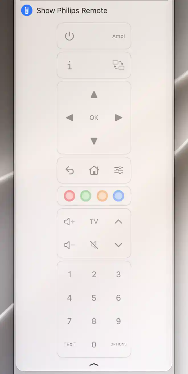 Expanded Philips remote with Ambilight, navigation, color keys, volume and numeric keypad, disabled while disconnected