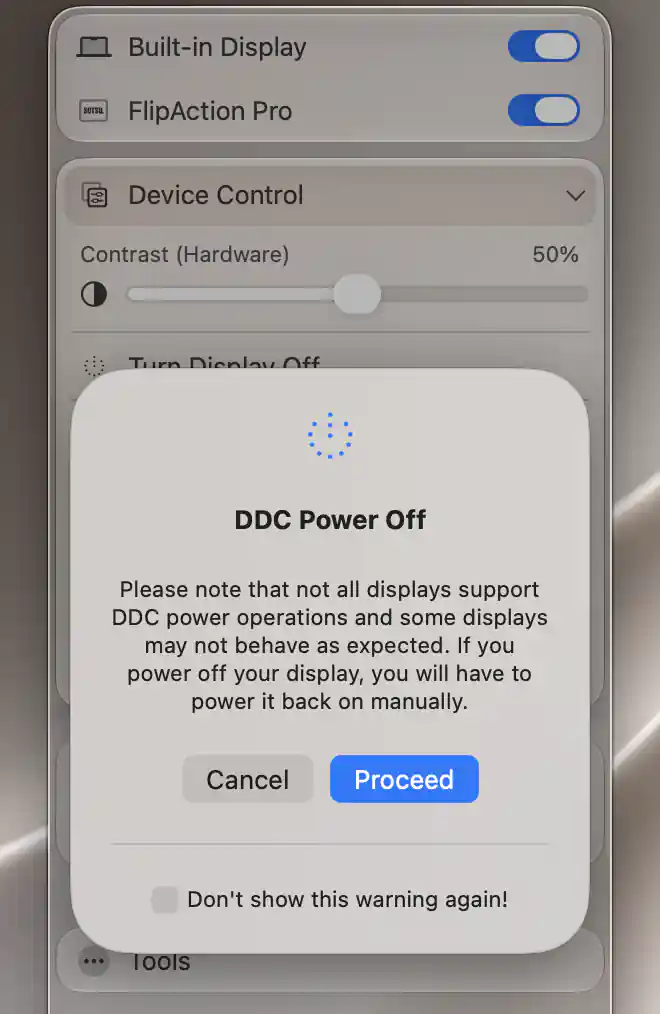 DDC Power Off confirmation for FlipAction Pro with the manual power-on warning, Cancel and Proceed buttons