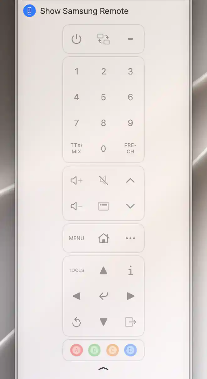Expanded Samsung remote with numeric keypad, navigation, color keys and bottom expansion chevron; commands disabled while disconnected