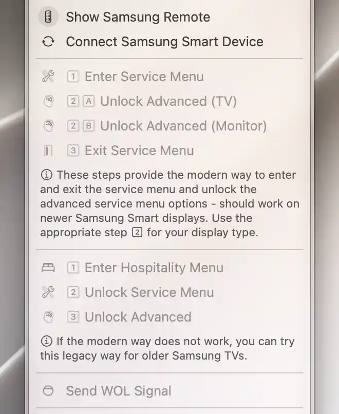 Samsung advanced service menu commands with modern and legacy instructions, disabled while disconnected