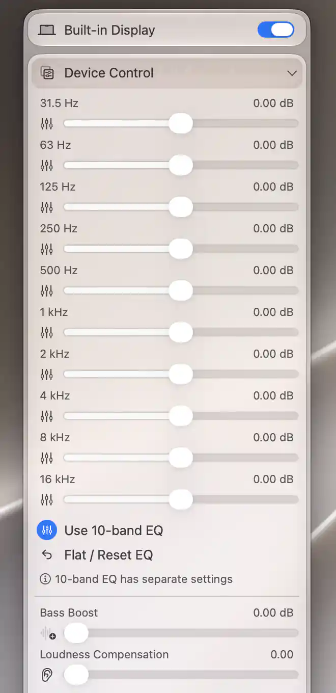 Device Control showing ten flat software audio EQ bands, selected Use 10-band EQ and Flat / Reset EQ