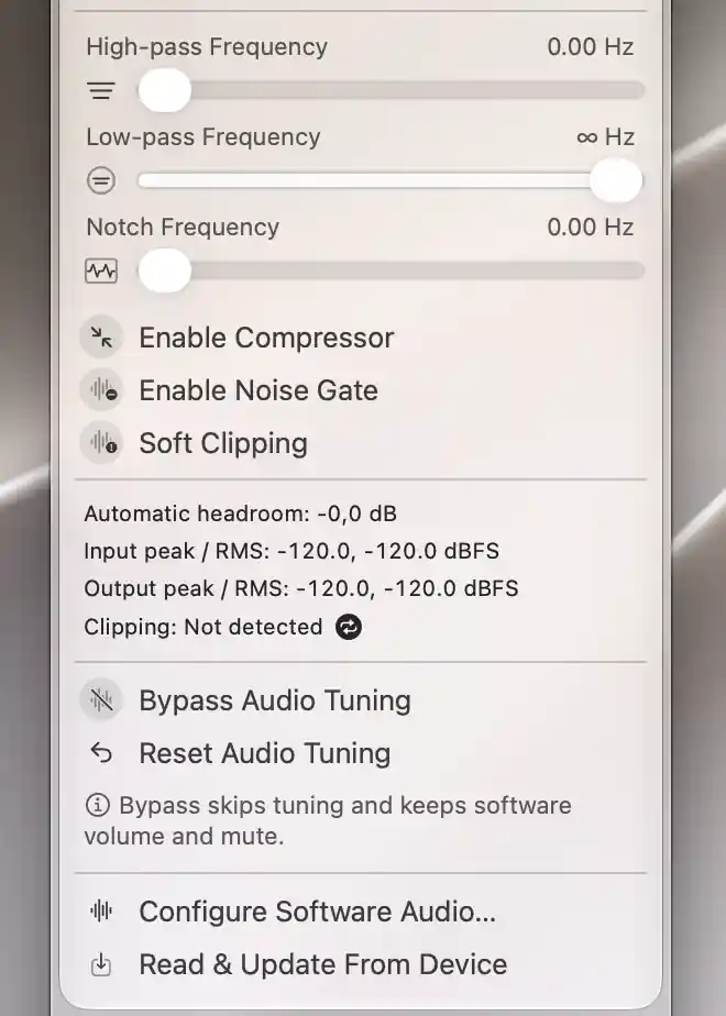 Device Control showing neutral audio filters, silent input and output meters and no detected clipping