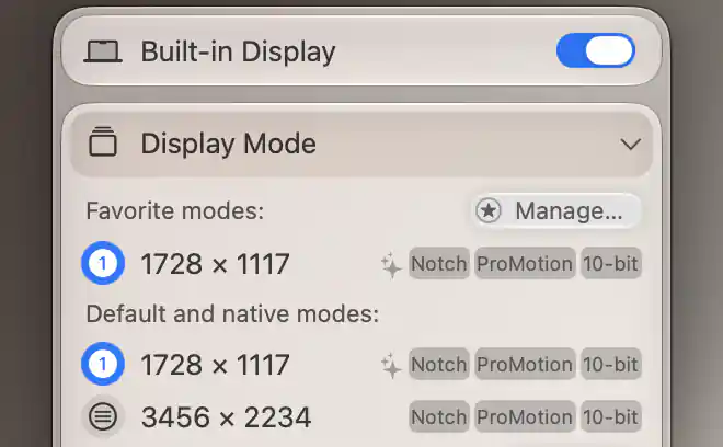Display Mode showing a saved favorite alongside default and native resolutions