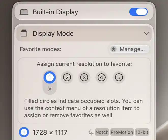 Five Display Mode favorite slots with slot 1 occupied and its remove button below