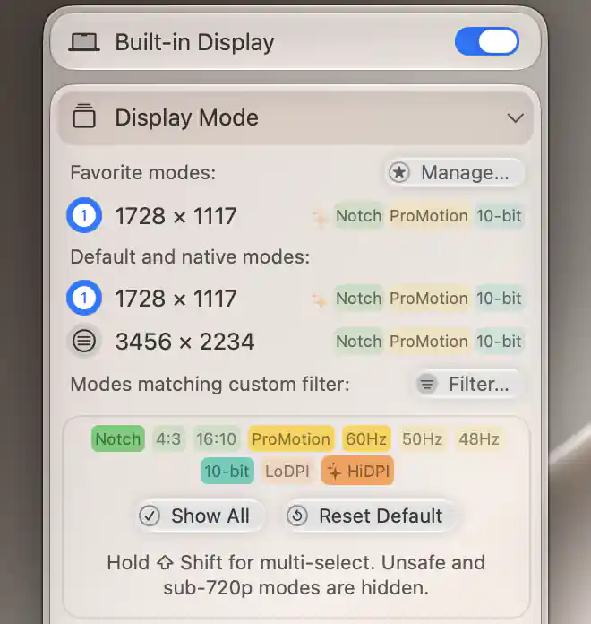 Display Mode filter with ProMotion and 60Hz selected and Shift multi-select instructions