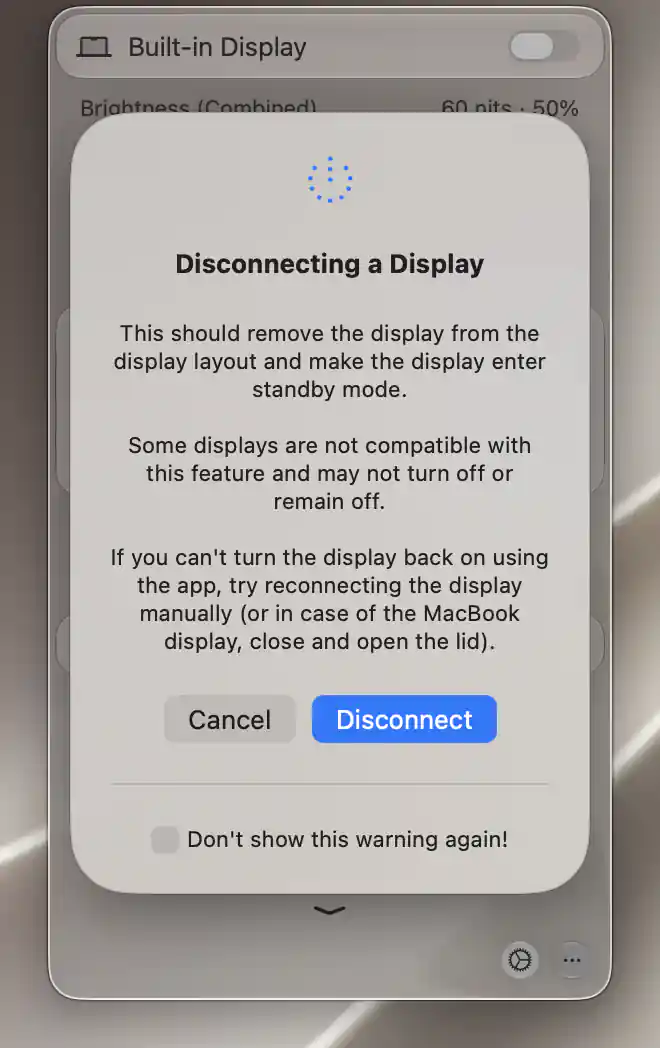 Apple silicon Disconnecting a Display confirmation for Built-in Display with compatibility and recovery guidance, Cancel and Disconnect buttons