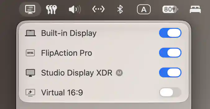 Built-in Display, FlipAction Pro and Studio Display XDR connected, with Virtual 16:9 disconnected and XDR marked as main