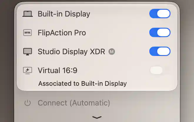 Disconnected Virtual 16:9 associated to Built-in Display with its header switch and Connect Automatic command disabled