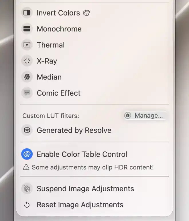 Built-in Display image-effect switches, custom LUT choices, color-table control with HDR warning, and Suspend or Reset Image Adjustments