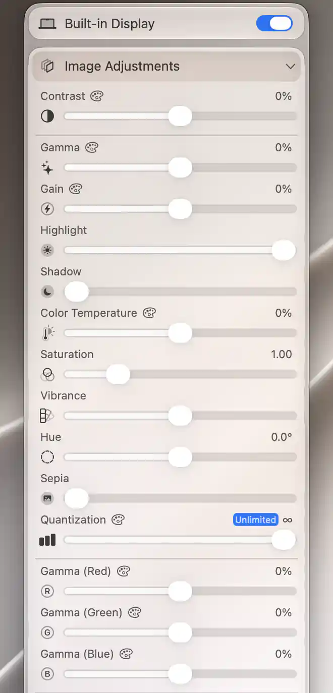 Built-in Display Image Adjustments showing tonal sliders, color-table palette icons and separate red, green and blue gamma sliders