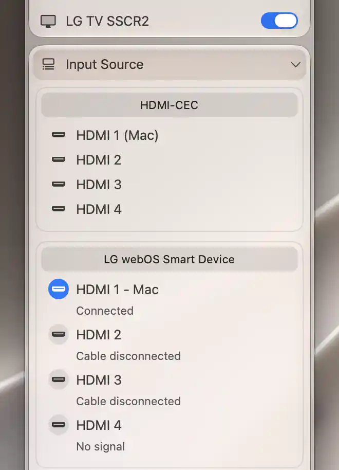 LG and HDMI-CEC input lists with the Mac input and reported LG signal states