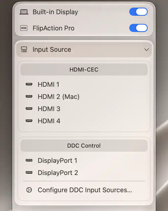 Input Source menu grouped under HDMI-CEC and DDC Control headings for two configured controllers