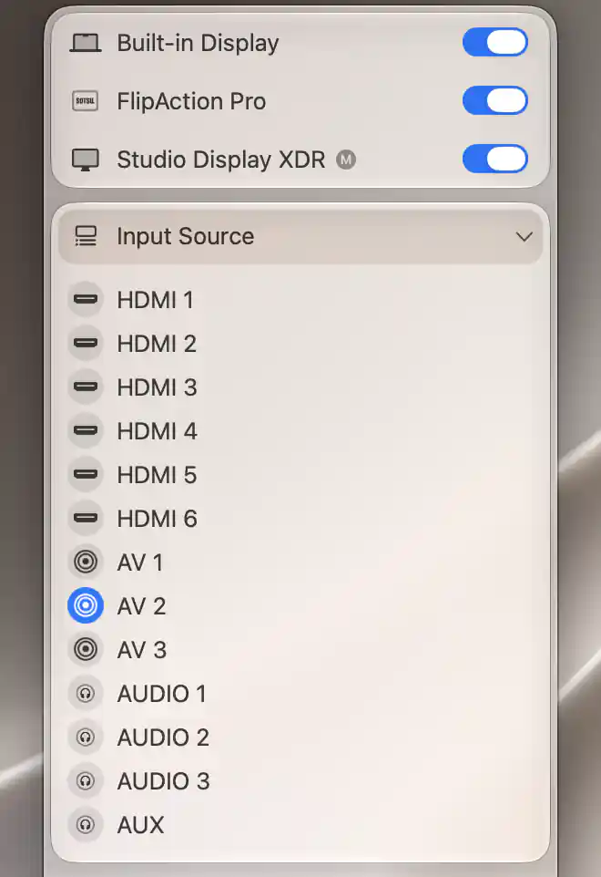 Yamaha receiver input menu associated with Studio Display XDR, with AV 2 shown as active
