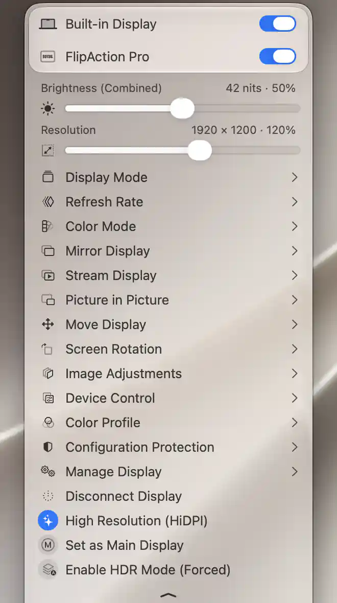 FlipAction Pro quick toggles include HiDPI, Main Display and Enable HDR Mode (Forced), with HDR off.