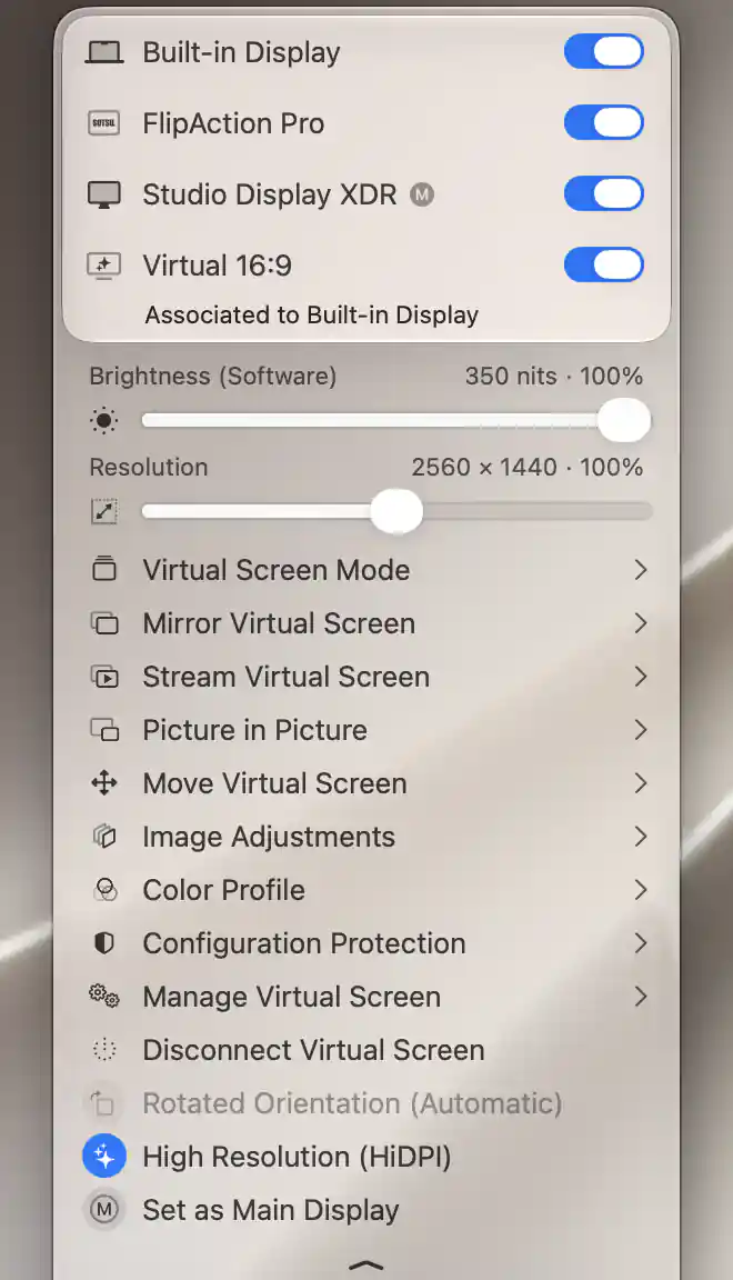 Connected Virtual 16:9 associated with Built-in Display, showing disabled Rotated Orientation Automatic, enabled HiDPI and the main-display toggle