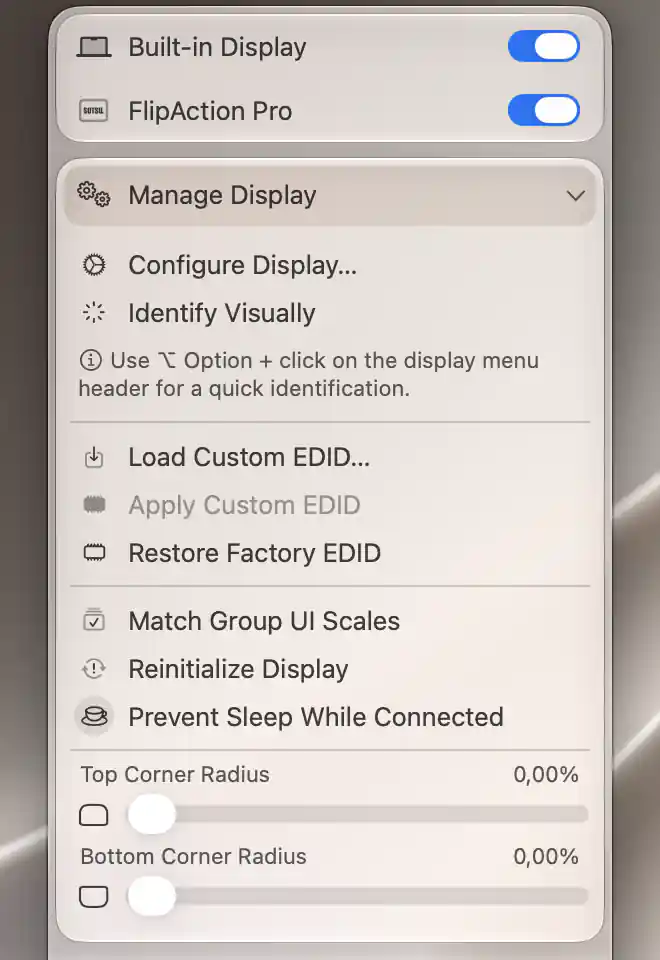 FlipAction Pro Manage Display with EDID actions, Reinitialize Display and top and bottom corner-radius sliders
