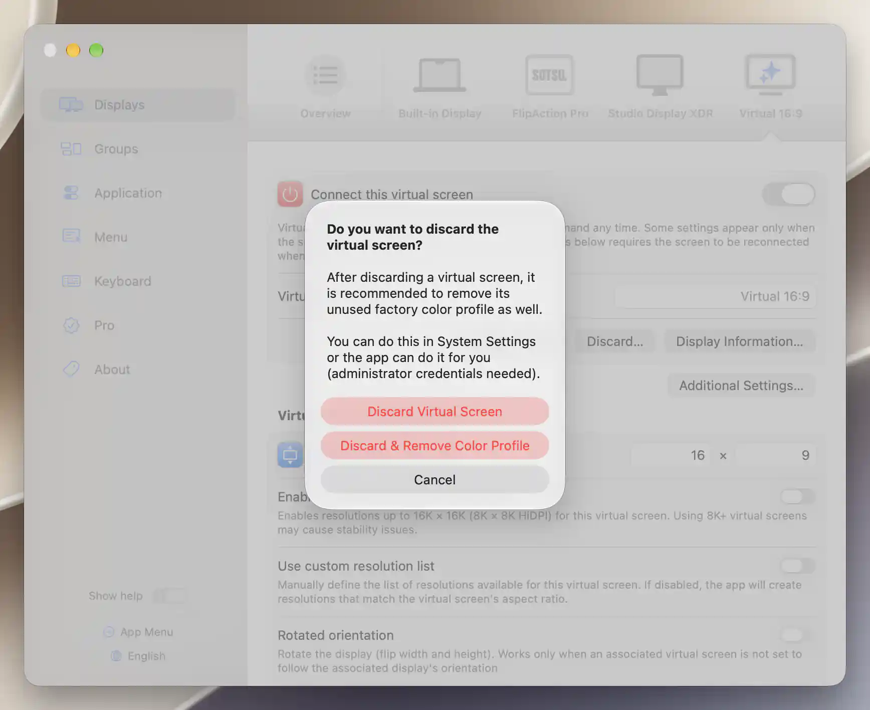 Virtual screen discard confirmation in Settings with Discard Virtual Screen, Discard and Remove Color Profile, and Cancel choices