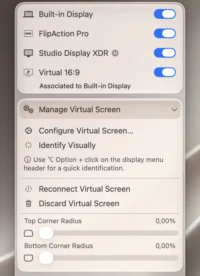 Manage Virtual Screen menu with configuration, visual identification, reconnect, discard and corner-radius actions for connected Virtual 16:9