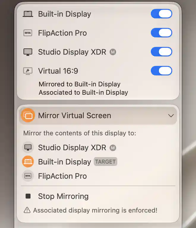 Virtual 16:9 mirrored to Built-in Display with active TARGET badge, Stop Mirroring command and enforced association warning
