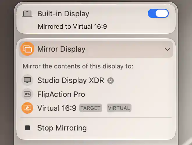 Built-in Display mirrored to Virtual 16:9 with TARGET and VIRTUAL badges, Studio Display XDR main marker, another available target and Stop Mirroring