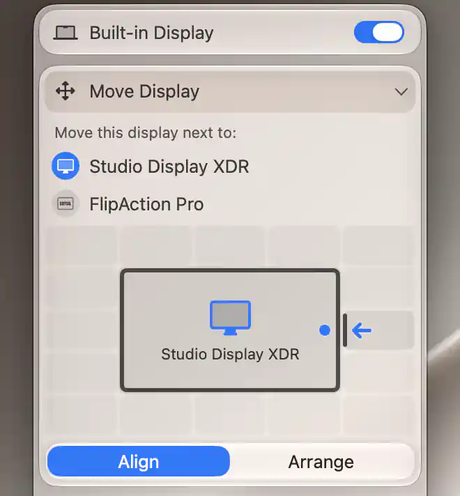 Built-in Display Align grid with Studio Display XDR selected as reference and a hovered right-edge position showing its arrow and anchor