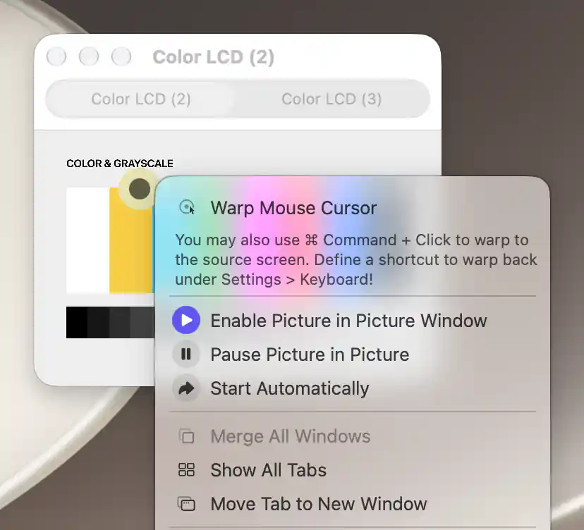 Tabbed Color LCD 2 and Color LCD 3 PiP window with Show All Tabs and Move Tab to New Window context actions