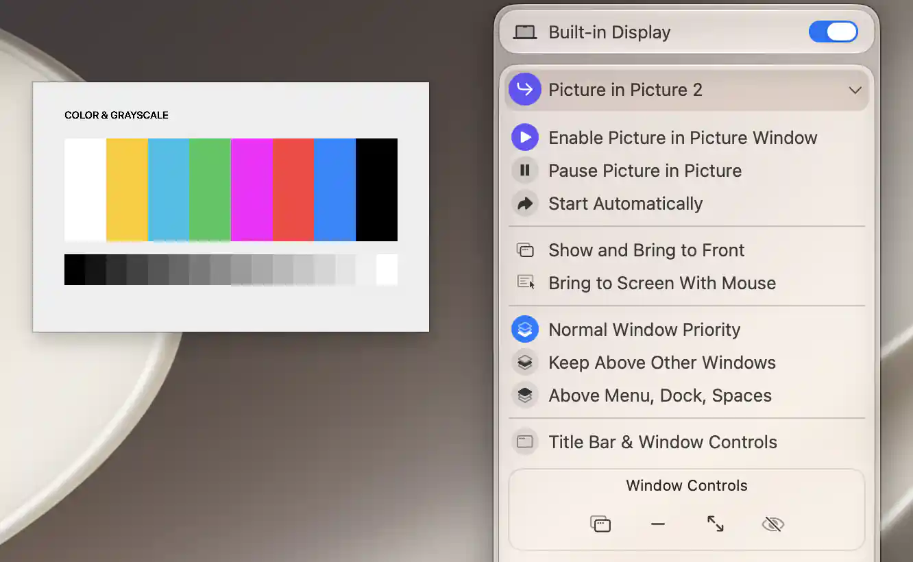 Titlebar-hidden live PiP beside its Window Controls strip for bringing forward, minimizing, entering full screen and hiding the window