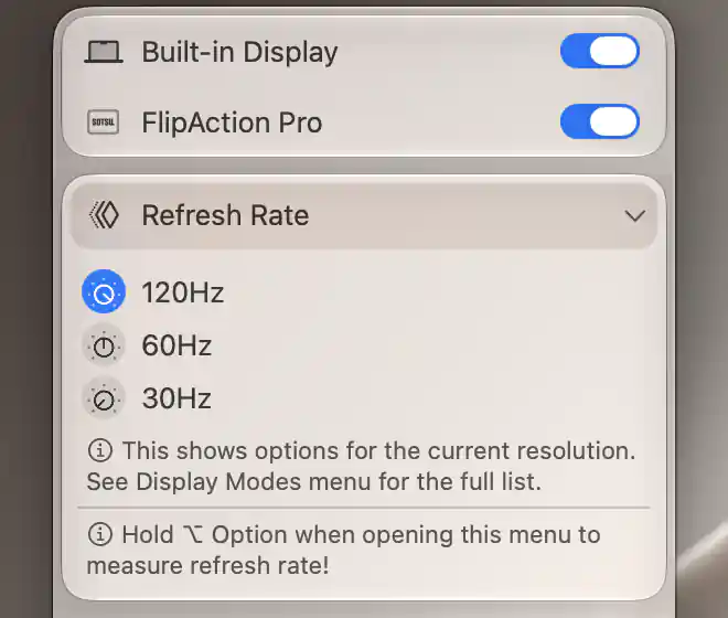 FlipAction Pro Refresh Rate menu showing 120Hz selected and the current-resolution explanatory note