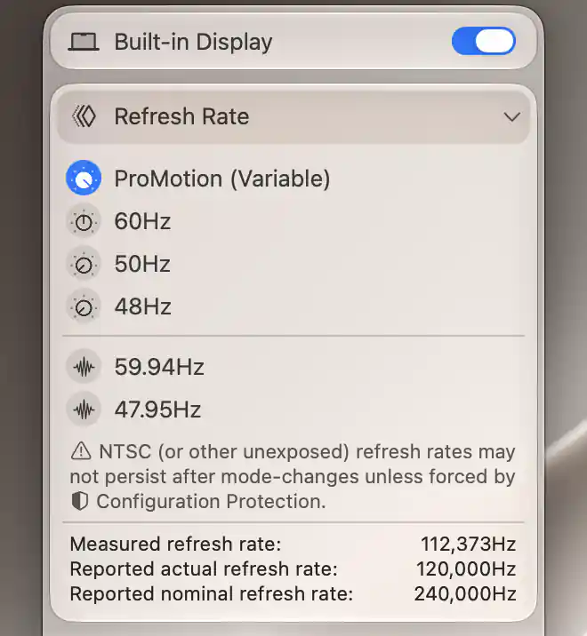 Measured, reported actual and reported nominal refresh rates for Built-in Display